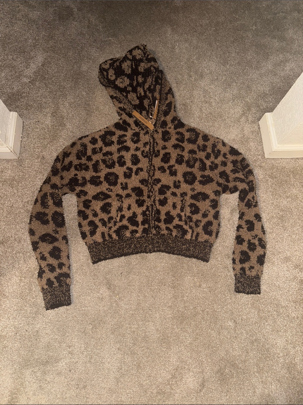 SKIMS Leopard Print Cropped Zip Up Hoodie in Brown and Black